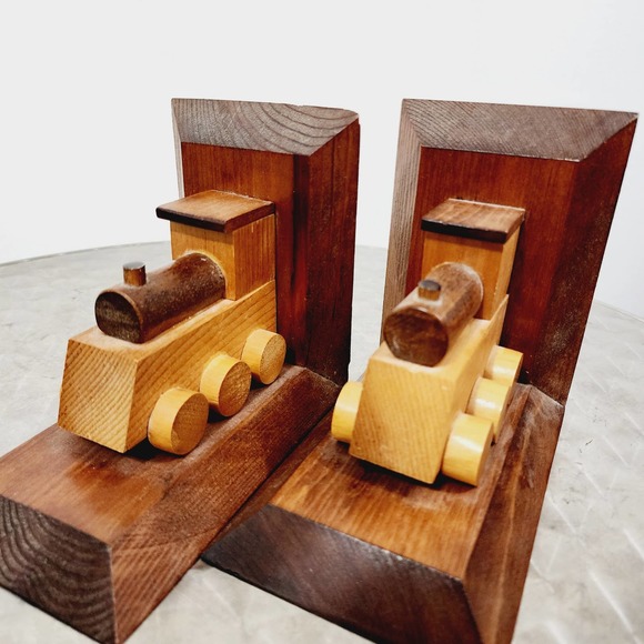 Vintage Wooden Hand Made Train Bookends Library Primitive Classic Americana - Picture 9 of 16